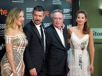 Actor Antonio Banderas with Irene Escolar and Pilar Castro at photocall for opening ceremony during the 69th San Sebastian Film Festival in...