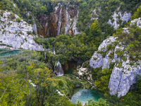 Waterfalls of Plitvice Lakes National Park in Croatia on September 15, 2021. In 1979, Plitvice Lakes National Park was inscribed on the UNES...