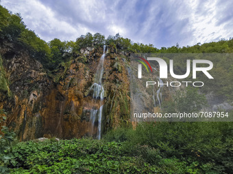 The Great Waterfall at Plitvice Lakes National Park in Croatia on September 15, 2021. In 1979, Plitvice Lakes National Park was inscribed on...