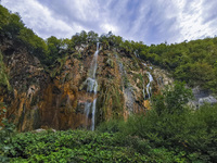 The Great Waterfall at Plitvice Lakes National Park in Croatia on September 15, 2021. In 1979, Plitvice Lakes National Park was inscribed on...