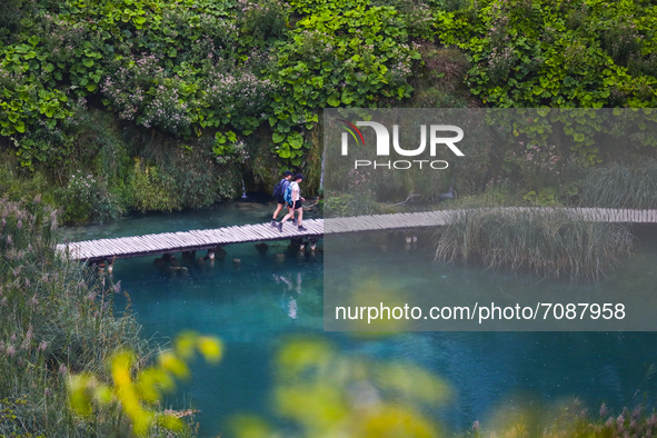 A view on a wooden boardwalk traill leading tourists through Plitvice Lakes National Park in Croatia on September 15, 2021. In 1979, Plitvic...