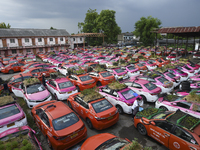 Staff members of the Ratchaphruek Taxi Cooperative sprinkles water to plant vegetables on unused abandoned taxi cars parked at Ratchaphruek...