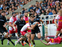 Ben Stevenson of Newcastle Falcons takes a high ball and looks to take on the Quins defence during the Gallagher Premiership match between N...