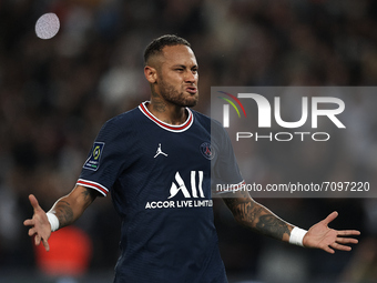 Neymar of PSG celebrates after scoring his sides first goal  during the Ligue 1 Uber Eats match between Paris Saint Germain and Lyon at Parc...
