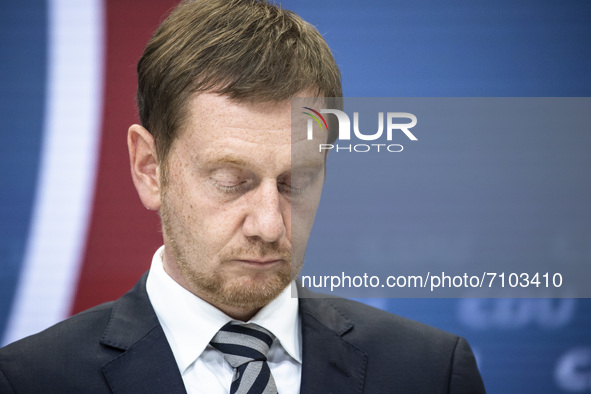 Saxony's State Premier Michael Kretschmer is pictured during a press conference following a party's leadership meeting at the CDU headquarte...