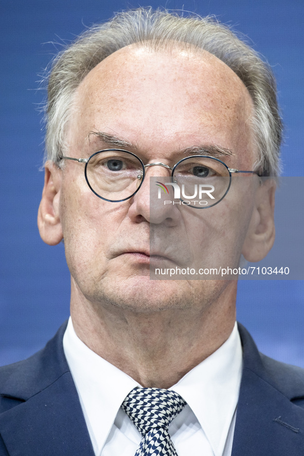 Prime Minister of Saxony-Anhalt Reiner Haseloff is pictured during a press conference following a party's leadership meeting at the CDU head...
