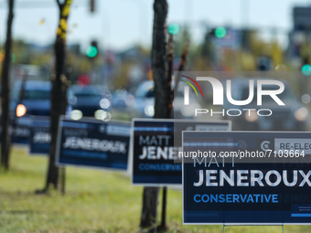 Election signs along Ellerslie Road in Edmonton seen on the 2021 Canadian federal election voting day.
On Monday, September 20, 2021, in Edm...