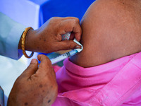  A person receives the first dose of Sinopharm vaccine during a national health campaign  against COVID-19, to reduce infections by the coro...