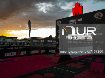 The finish line at the sunset, at Ironman Italy 2021, on September 18, 2021. Ironman Italy 2019 in Cervia, Emilia Romagna, Italy. More than...
