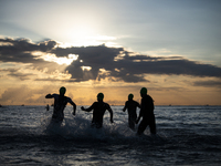 Athletes in the swimming at Ironman Italy 2021, on September 18, 2021. Ironman Italy 2019 in Cervia, Emilia Romagna, Italy. More than 1600 a...