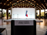 Press room of the Prefecture of Seine Saint-Denis awaiting the arrival of Prime Minister Jean Castex, accompanied by a delegation of ministe...