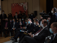 Health Minister Olivier Véran and Prime Minister Jean Castex listening to the speech of the President of the Department of Seine Saint-Denis...