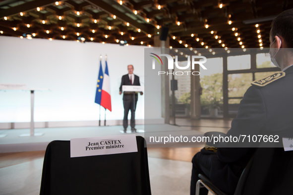 French Prime Minister Jean Castex during his speech in the conference room of the Prefecture of Seine Saint-Denis, in Bobigny, on September...