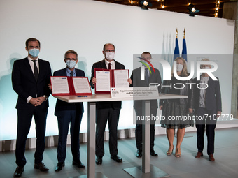 Olivier Véran, Stéphane Troussel, Prime Minister Jean Castex, Olivier Dussopt, Nadia Hai and Brigitte Klinkert after the signing of the pilo...