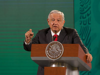 Mexican President, Andres Manuel Lopez Obrador, gesticulates while response question from media during his daily morning briefing conference...