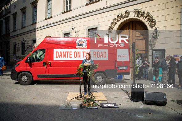 Serena Sinigallia attends Dante On The Road demonstration in front of Piccolo Teatro on April 23, 2021 in Milan, Italy. 