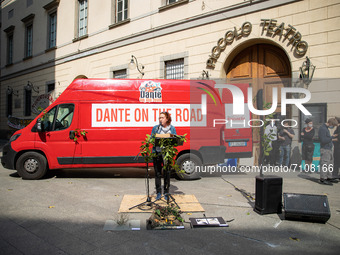 Serena Sinigallia attends Dante On The Road demonstration in front of Piccolo Teatro on April 23, 2021 in Milan, Italy. (