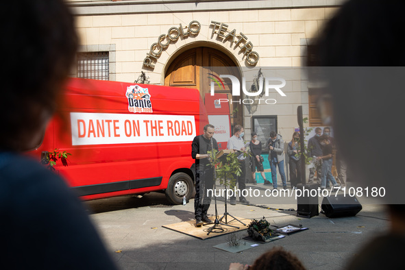 Dante On The Road demonstration in front of Piccolo Teatro on April 23, 2021 in Milan, Italy. 
