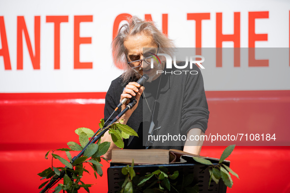 Francesco Migliaccio attends Dante On The Road demonstration in front of Piccolo Teatro on April 23, 2021 in Milan, Italy. 