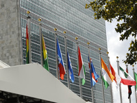 Television media broadcast commentaries as delegates arrive to the United Nations 76th General Assembly amid protests  on September 21, 2021...