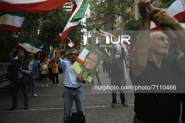 People protest against Iranian President Ebrahim Raisi near the United Nations General Assembly on September 21, 2021 in New York City USA....