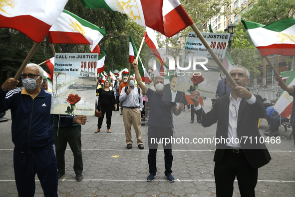 People protest against Iranian President Ebrahim Raisi near the United Nations General Assembly on September 21, 2021 in New York City USA....