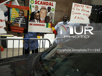 People protest against Senegalese President Macky Sall near the United Nations General Assembly on September 21, 2021 in New York City. As d...