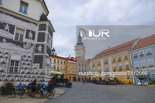 Town square and sgraffio house in Mikulov, Czech Republic on September 17, 2021. 