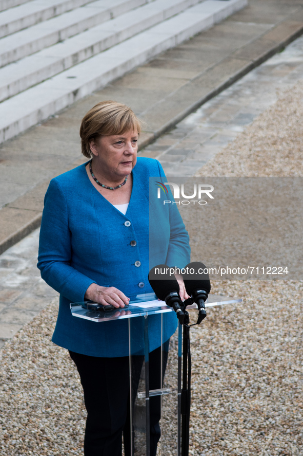 German Chancellor Angela Merkel during the joint press conference on the occasion of her meeting with French President Emmanuel Macron at th...