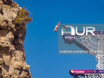 A diver during the dive in Polignano a Mare during the Red Bull Cliff Diving 2021 from the Lama Monachile platform on 22 September 2021.
Re...