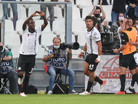 Emmanuel Gyasi of Spezia Calcio celebrates after scoring first goal goal during the Serie A match between Spezia Calcio and FC Juventus at S...