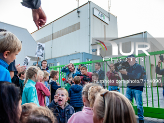 Local residents are shouting slogans against the factory, during a demonstration against the APN asphalt plant, in Nijmegen, on September 22...
