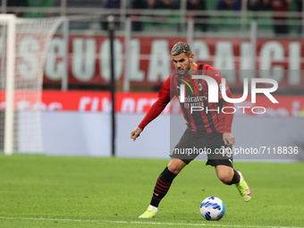 Theo Hernandez of AC Milan in action during the Serie A 2021/22 football match between AC Milan and Venezia FC at Giuseppe Meazza Stadium, M...