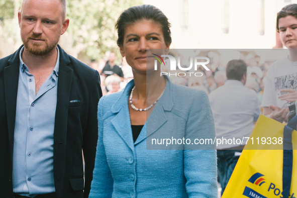 Sahra Wagenknecht, a left wing politician, arrives to speak to her supporters and rally for Left wing party in Bonn, Germany on September 23...