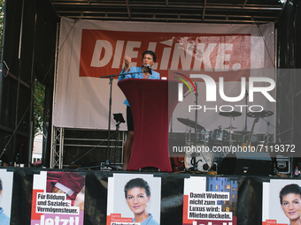Sahra Wagenknecht, a left wing politician, speak to the crowd and rally for Left wing party in Bonn, Germany on September 23, 2021 few days...