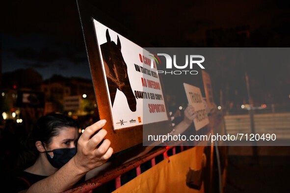 Animal rights activists hold banners against bullfighting. Lisbon, September 23, 2021. Several animal protection groups held a protest again...