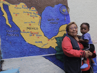 Gabriela Martínez, daughter of migrants and director of the Casa Tochán (Our house in Nahuatl) shelter, carries a Haitian child inside its f...
