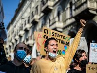 Young people protest during the Climate Strike March on September 24, 2021 in Turin, Italy. Some 16 cities across Europe have planned climat...