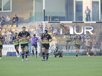Zebre Rugby enter the field during the United Rugby Championship match Zebre Rugby Club vs Emirates Lions on September 24, 2021 at the Sergi...