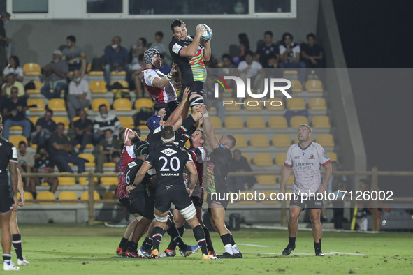 David Sisi (Zebre) gets the ball in touch during the United Rugby Championship match Zebre Rugby Club vs Emirates Lions on September 24, 202...