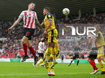 Sunderland's Carl Winchester out jumps Bolton Wanderer's Antoni Sarcevic during the Sky Bet League 1 match between Sunderland and Bolton Wa...
