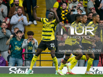 Ismaila Sarr of Watford celebrates after scoring during the Premier League match between Watford and Newcastle United at Vicarage Road, Watf...