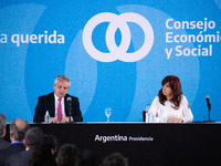 Argentina's President Alberto Fernandez and Vice President Cristina Fernandez de Kirchner attend a ceremony to announce new agro-economic me...