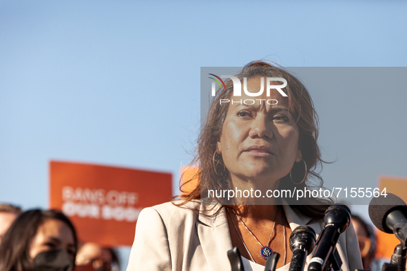 Congresswoman Norma Torres (D-CA) speaks during a press conference with members of Trust Respect Access, a reproductive rights organization...