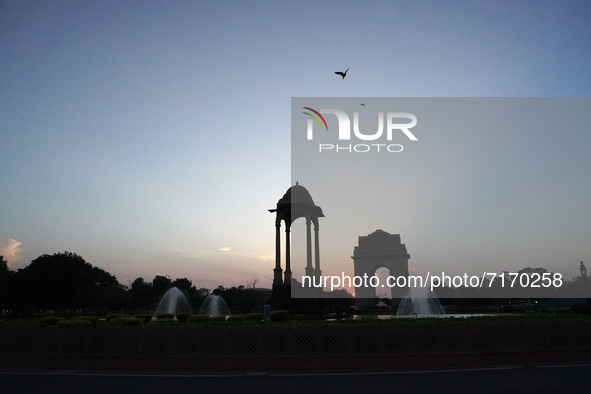 A general view of India Gate during sunset, a war memorial built to commemorate the Indian soldiers who died in First World War, in New Delh...