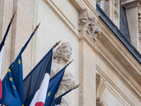 The facade of the Elysée Palace with the French and European Union flags during John Kerry's visit for the fourth annual One Planet summit,...