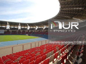 A general view shows the Olympic stadium where the Mediterranean Games of 2022 will be held, in Algerian coastal city of Oran on October 4,...