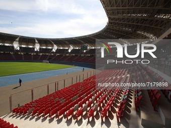 Photo taken on Oct. 4, 2021, shows the main stadium of the Oran Multifunctional Sports Center. The sports center is located in Oran, a city...