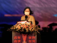 Taiwan President Tsai Ing-wen speaks during an opening ceremony of a projection mapping performance, as part of the celebration for the doub...