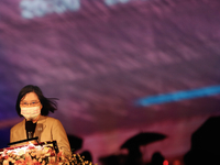 Taiwan President Tsai Ing-wen speaks during an opening ceremony of a projection mapping performance, as part of the celebration for the doub...